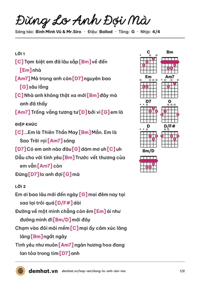 Hợp âm Đừng Lo Anh Đợi Mà (Mr.Siro) – bản nhạc PDF trang 1, tông G