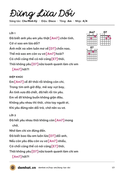 Hợp âm Đừng Lừa Dối (Lam Trường) – bản nhạc PDF trang 1, tông Am