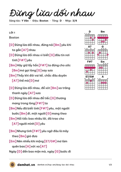 Hợp âm Đừng lừa dối nhau (Duy Quang) – bản nhạc PDF trang 1, tông D
