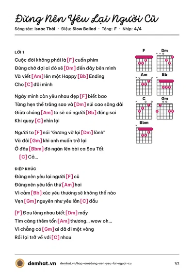 Hợp âm Đừng Nên Yêu Lại Người Cũ (Bùi Caroon) – bản nhạc PDF trang 1, tông F