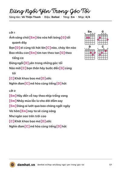Hợp âm Đừng Ngồi Yên Trong Góc Tối (Đông Nhi) – bản nhạc PDF trang 1, tông Em