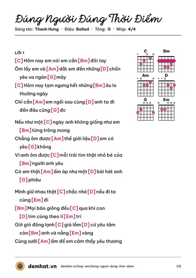 Hợp âm Đúng Người Đúng Thời Điểm (Thanh Hưng) – bản nhạc PDF trang 1, tông G