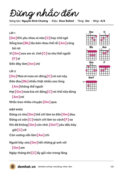 Hợp âm Đừng nhắc đến (Nguyễn Đình Chương) – bản nhạc PDF trang 1, tông Dm