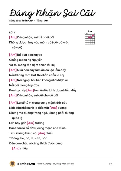 Hợp âm Đúng Nhận Sai Cãi (Tuấn Cry) – bản nhạc PDF trang 1, tông Am