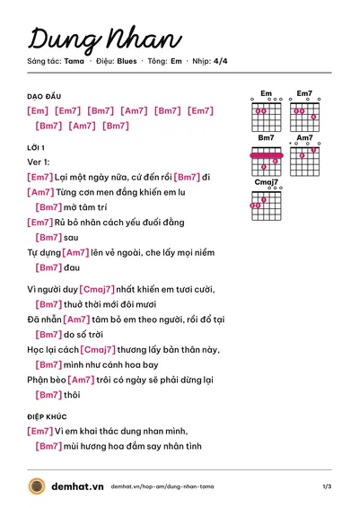 Hợp âm Dung Nhan (Tama) – bản nhạc PDF trang 1, tông Em