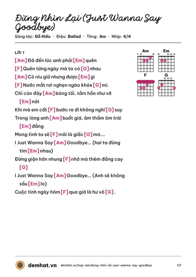 Hợp âm Đừng Nhìn Lại (Just Wanna Say Goodbye) (Noo Phước Thịnh) – bản nhạc PDF trang 1, tông Am
