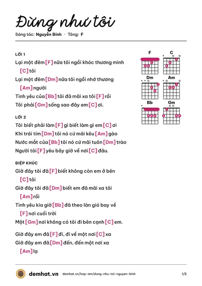 Hợp âm Đừng như tôi (Nguyễn Bính) – bản nhạc PDF trang 1, tông F