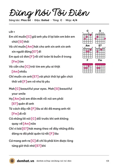 Hợp âm Đừng Nói Tôi Điên (Hiền Hồ) – bản nhạc PDF trang 1, tông C