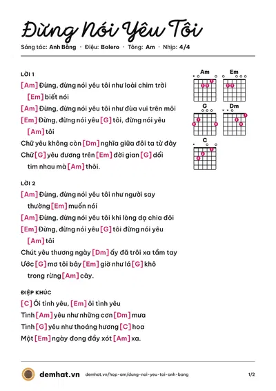 Hợp âm Đừng Nói Yêu Tôi (Thúy Anh) – bản nhạc PDF trang 1, tông Am