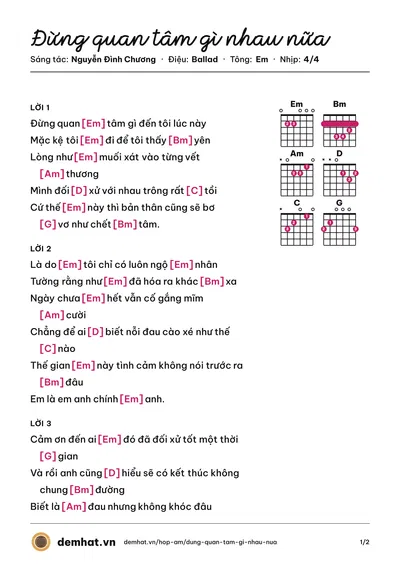 Hợp âm Đừng quan tâm gì nhau nữa (Nguyễn Đình Chương) – bản nhạc PDF trang 1, tông Em