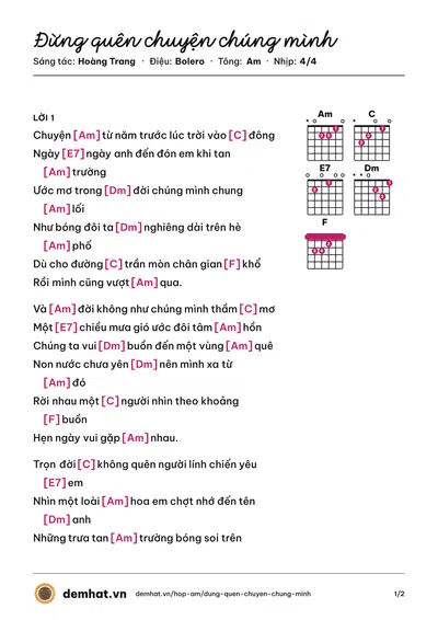 Hợp âm Đừng quên chuyện chúng mình (Thanh Tuyền (trước 75)) – bản nhạc PDF trang 1, tông Am
