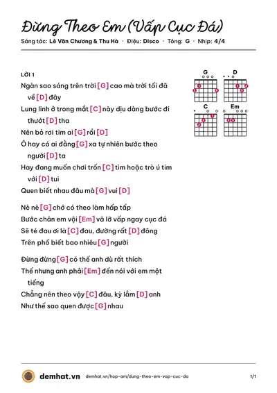 Hợp âm Đừng Theo Em (Vấp Cục Đá) (Yến Trang) – bản nhạc PDF trang 1, tông G