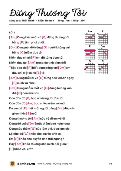 Hợp âm Đừng Thương Tôi (Thành Đại Siêu) – bản nhạc PDF trang 1, tông Am