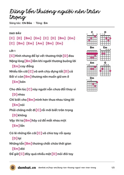 Hợp âm Đừng tổn thương người nên trân trọng (Chí Bảo) – bản nhạc PDF trang 1, tông Em