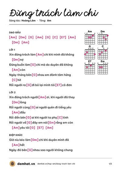 Hợp âm Đừng trách làm chi (Hoàng Lâm) – bản nhạc PDF trang 1, tông Am