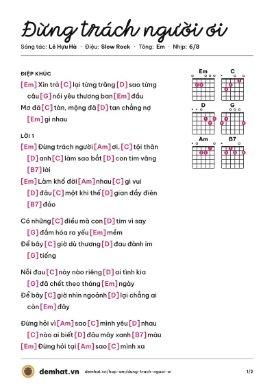 Hợp âm Đừng trách người ơi (Elvis Phương) – bản nhạc PDF trang 1, tông Em