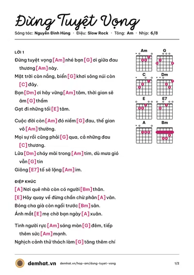 Hợp âm Đừng Tuyệt Vọng (Nguyễn Đình Hùng) – bản nhạc PDF trang 1, tông Am