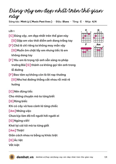 Hợp âm Đúng vậy em đẹp nhất trên thế gian này (Minh Lý) – bản nhạc PDF trang 1, tông C