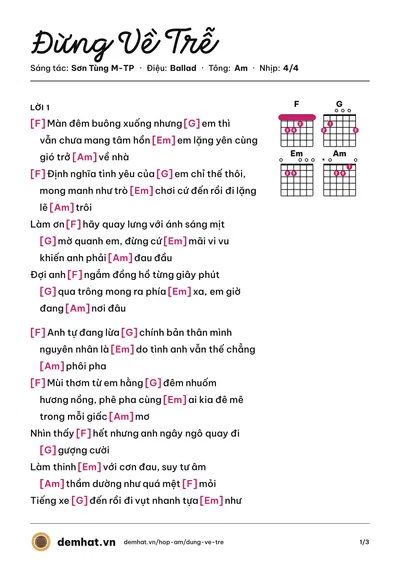 Hợp âm Đừng Về Trễ (Sơn Tùng M-TP) – bản nhạc PDF trang 1, tông Am