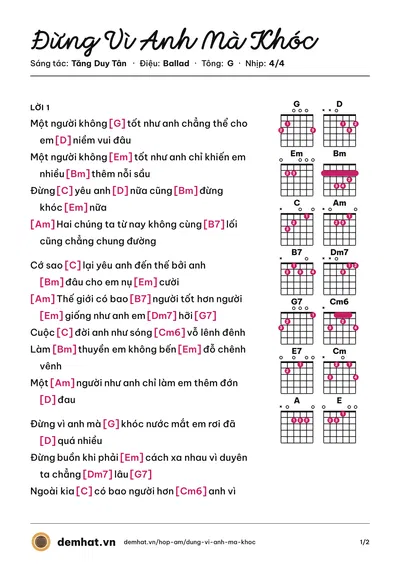 Hợp âm Đừng Vì Anh Mà Khóc (Quang Hùng MasterD) – bản nhạc PDF trang 1, tông G