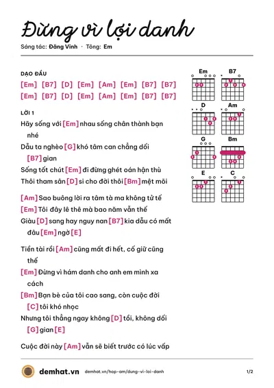Hợp âm Đừng vì lợi danh (Đăng Vinh) – bản nhạc PDF trang 1, tông Em