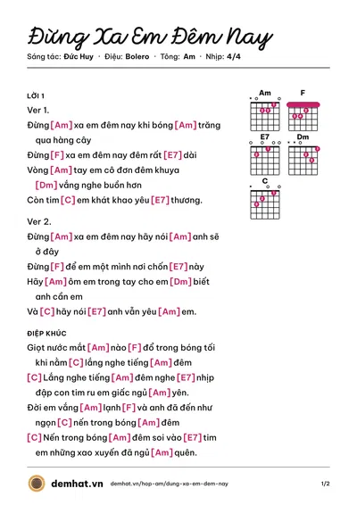 Hợp âm Đừng Xa Em Đêm Nay (Thảo My) – bản nhạc PDF trang 1, tông Am