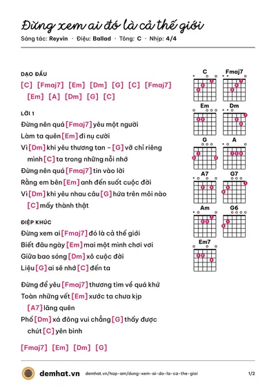 Hợp âm Đừng xem ai đó là cả thế giới (Reyvin) – bản nhạc PDF trang 1, tông C