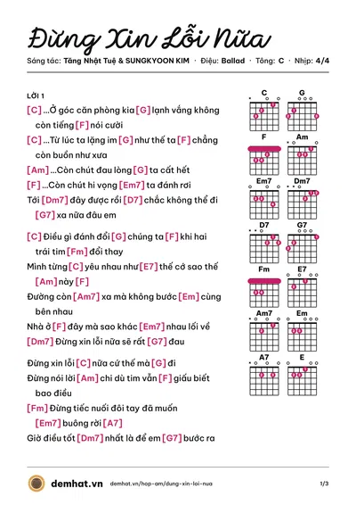 Hợp âm Đừng Xin Lỗi Nữa (Min) – bản nhạc PDF trang 1, tông C