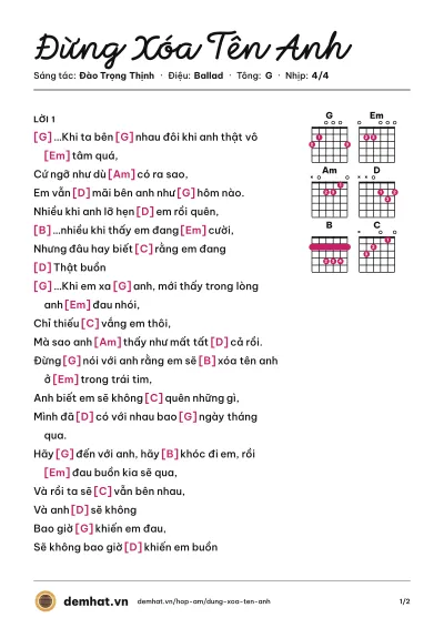 Hợp âm Đừng Xóa Tên Anh (Ưng Đại Vệ) – bản nhạc PDF trang 1, tông G