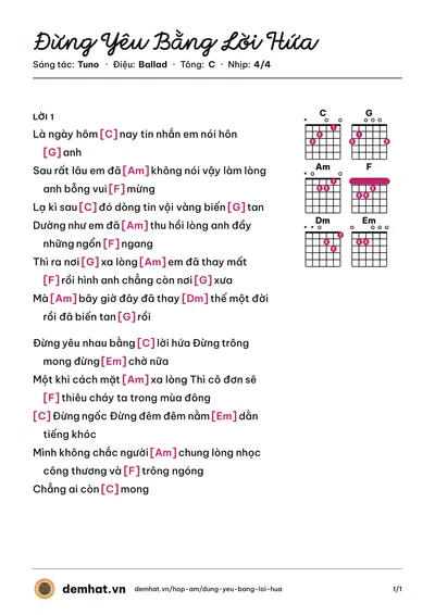 Hợp âm Đừng Yêu Bằng Lời Hứa (Luke D) – bản nhạc PDF trang 1, tông C