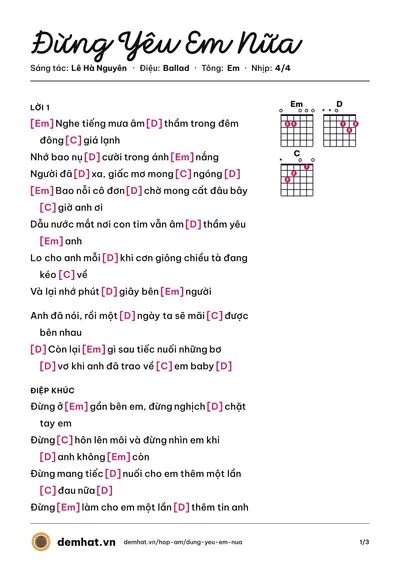 Hợp âm Đừng Yêu Em Nữa (Dương Hoàng Yến) – bản nhạc PDF trang 1, tông Em