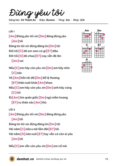 Hợp âm Đừng yêu tôi (Vũ Thành An) – bản nhạc PDF trang 1, tông Am