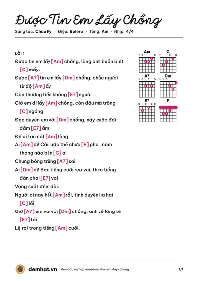 Hợp âm Được Tin Em Lấy Chồng (Trường Vũ) – bản nhạc PDF trang 1, tông Am