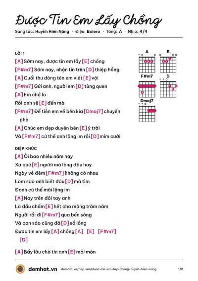 Hợp âm Được Tin Em Lấy Chồng (Juun Đăng Dũng) – bản nhạc PDF trang 1, tông A