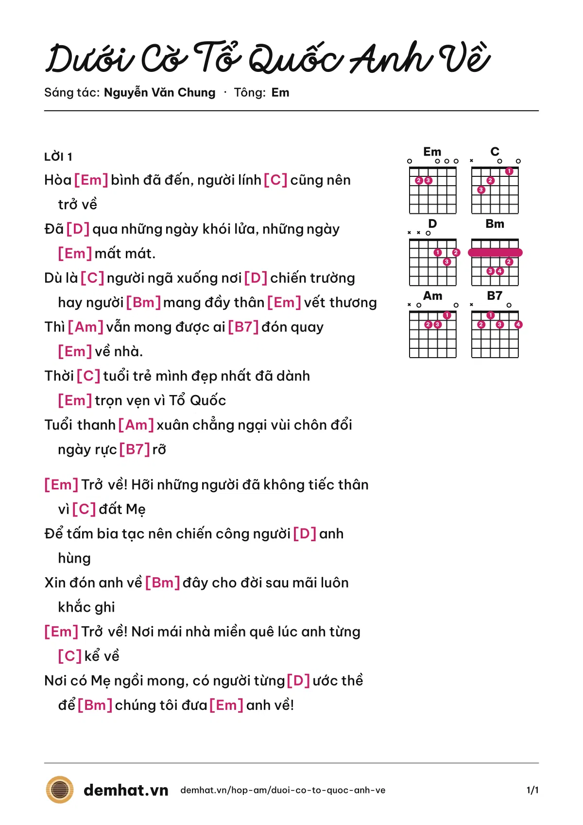Hợp âm Dưới Cờ Tổ Quốc Anh Về (Nguyễn Duyên Quỳnh) – bản nhạc PDF trang 1, tông Em