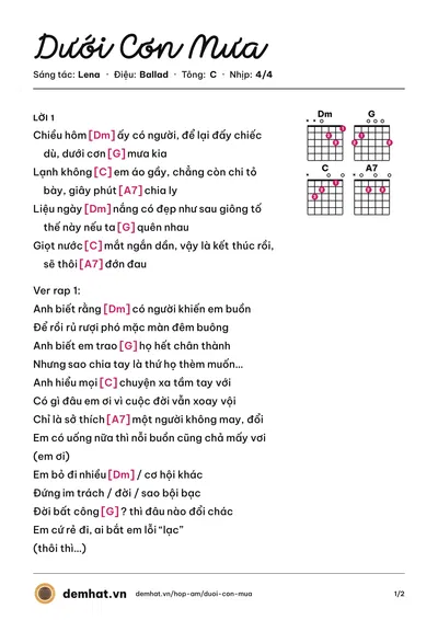 Hợp âm Dưới Cơn Mưa (Helia) – bản nhạc PDF trang 1, tông C