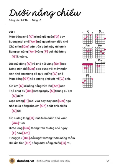 Hợp âm Dưới nắng chiều (Anh Dinh) – bản nhạc PDF trang 1, tông C