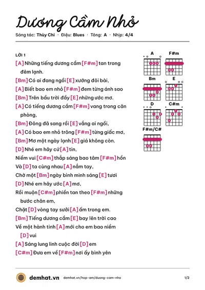 Hợp âm Dương Cầm Nhỏ (Thùy Chi) – bản nhạc PDF trang 1, tông A
