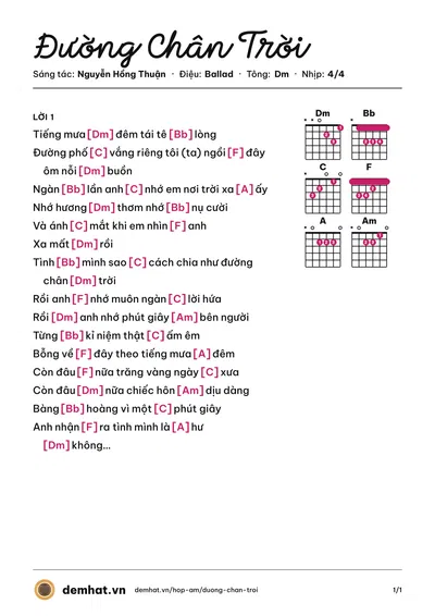 Hợp âm Đường Chân Trời (Nguyễn Hồng Thuận) – bản nhạc PDF trang 1, tông Dm