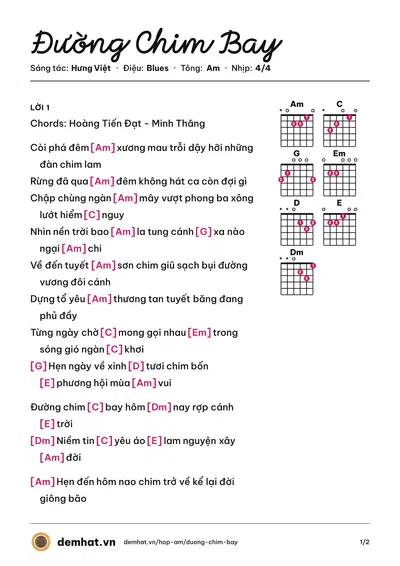 Hợp âm Đường Chim Bay (Hiếu Ngọc) – bản nhạc PDF trang 1, tông Am