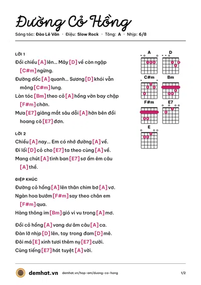 Hợp âm Đường Cỏ Hồng (Thái Hòa) – bản nhạc PDF trang 1, tông A