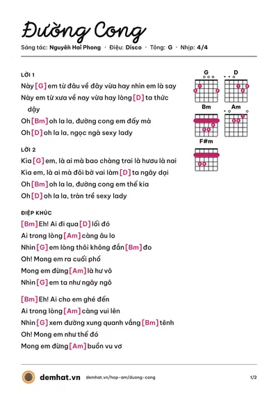 Hợp âm Đường Cong (Thu Minh) – bản nhạc PDF trang 1, tông G