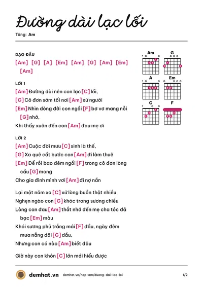 Hợp âm Đường dài lạc lối (Ngọc Ánh Sáng) – bản nhạc PDF trang 1, tông Am