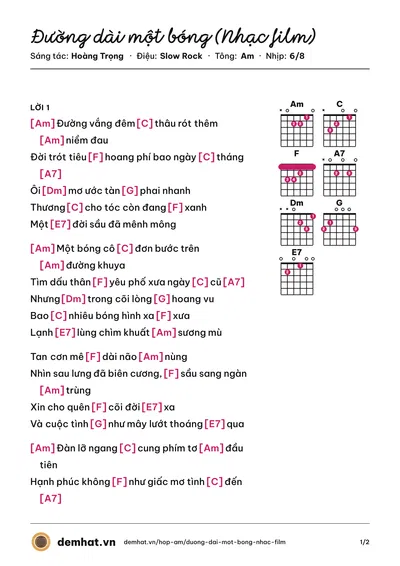 Hợp âm Đường dài một bóng (Nhạc film) (Lê Trâm) – bản nhạc PDF trang 1, tông Am