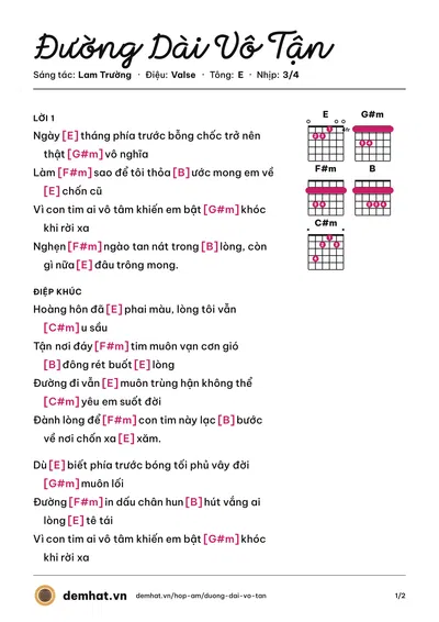 Hợp âm Đường Dài Vô Tận (Lam Trường) – bản nhạc PDF trang 1, tông E