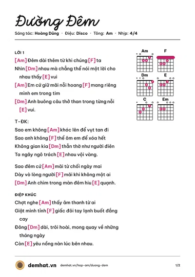 Hợp âm Đường Đêm (Hoàng Dũng) – bản nhạc PDF trang 1, tông Am