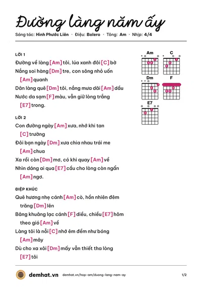 Hợp âm Đường làng năm ấy (Long Nhật) – bản nhạc PDF trang 1, tông Am