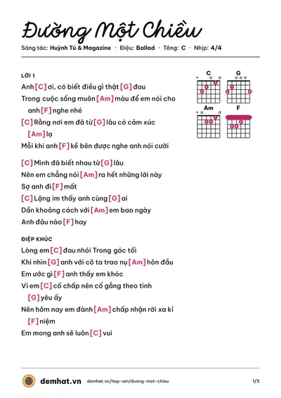 Hợp âm Đường Một Chiều (Huỳnh Tú) – bản nhạc PDF trang 1, tông C