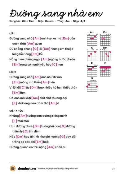 Hợp âm Đường sang nhà em (Mạnh Quỳnh) – bản nhạc PDF trang 1, tông Am