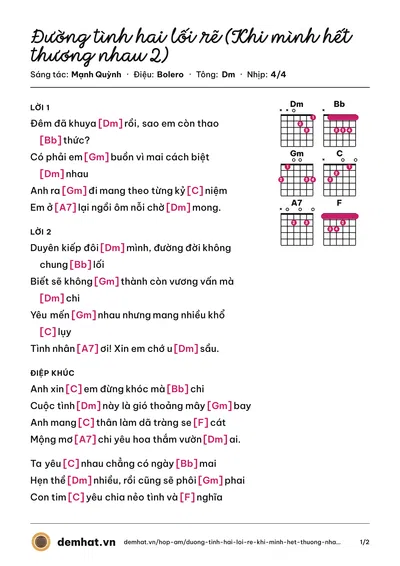 Hợp âm Đường tình hai lối rẽ (Khi mình hết thương nhau 2) (Mạnh Quỳnh) – bản nhạc PDF trang 1, tông Dm
